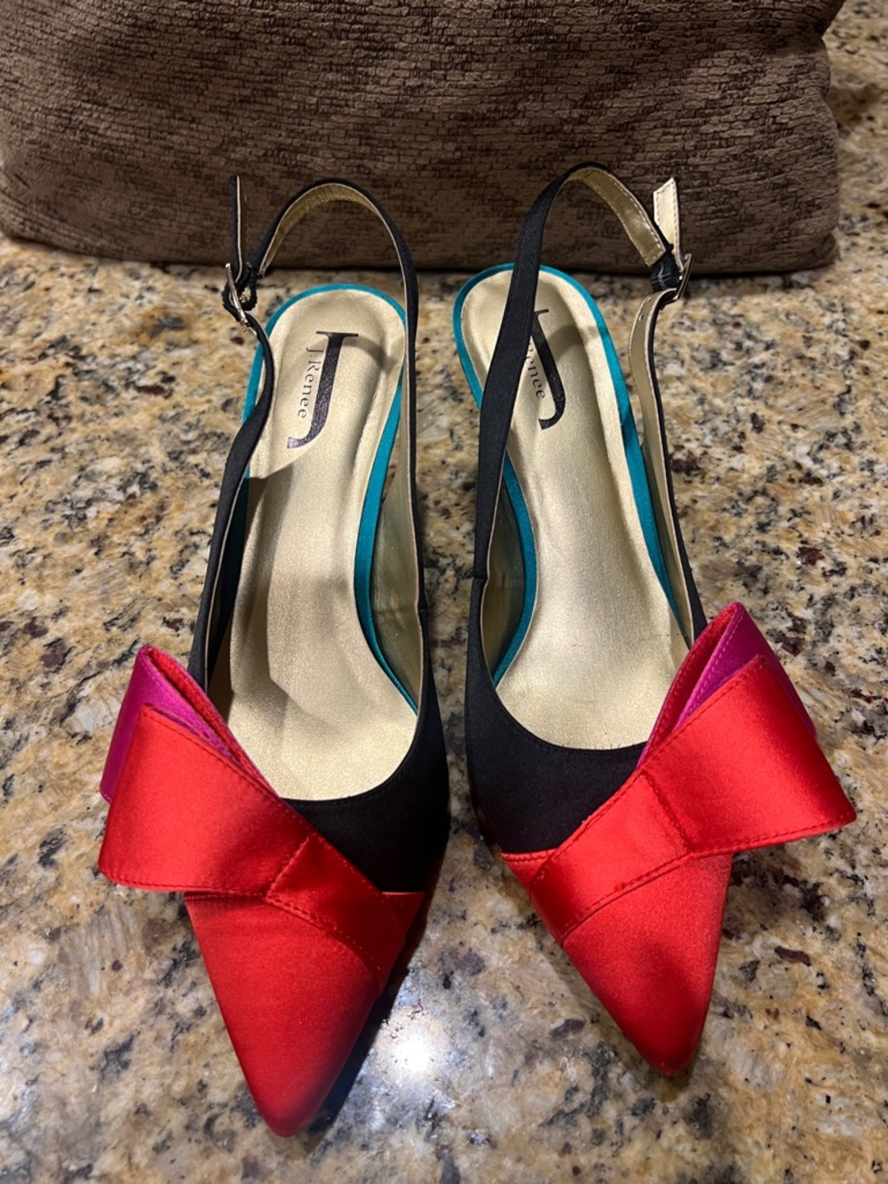J.Renee Black Slingback Pointed Pumps with Red Bow Accents
